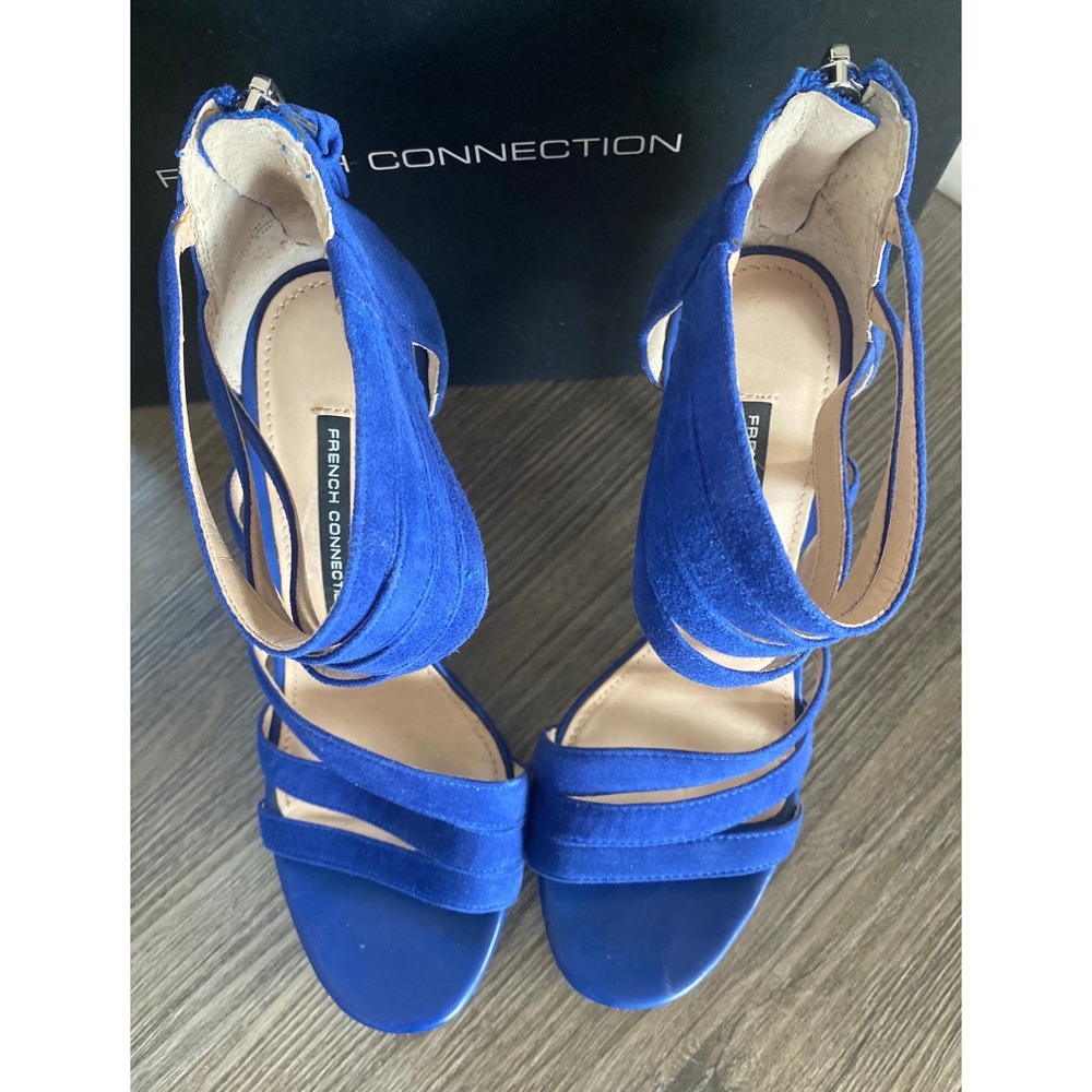 French Connection Monarch Blue Suede Multi Strap Cage Stiletto Heels Sandals 7.5 - Picture 4 of 11